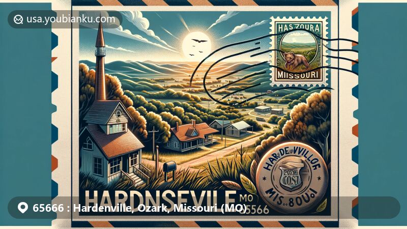 Modern illustration of Hardenville, Ozark, Missouri (MO), showcasing unique postal tradition with vintage elements and picturesque Ozark ridge landscape.