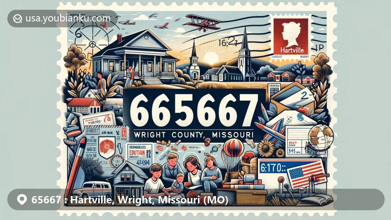 Creative illustration of Hartville, Wright County, Missouri, emphasizing small-town charm, demographics, and education, featuring families, schools, local library, and natural landscapes.