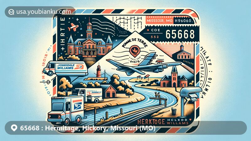 Modern illustration of Hermitage, Hickory County, Missouri, showcasing postal theme with ZIP code 65668, featuring Pomme de Terre River, John Siddles Williams House, and Missouri state flag.