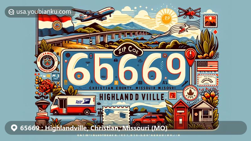 Modern illustration of Highlandville, Christian County, Missouri, featuring postal theme with ZIP code 65669, showcasing postal elements like postcard, airmail envelope, stamps, postmarks, mailbox, and postal vehicle, along with symbols of Missouri and local landmarks.