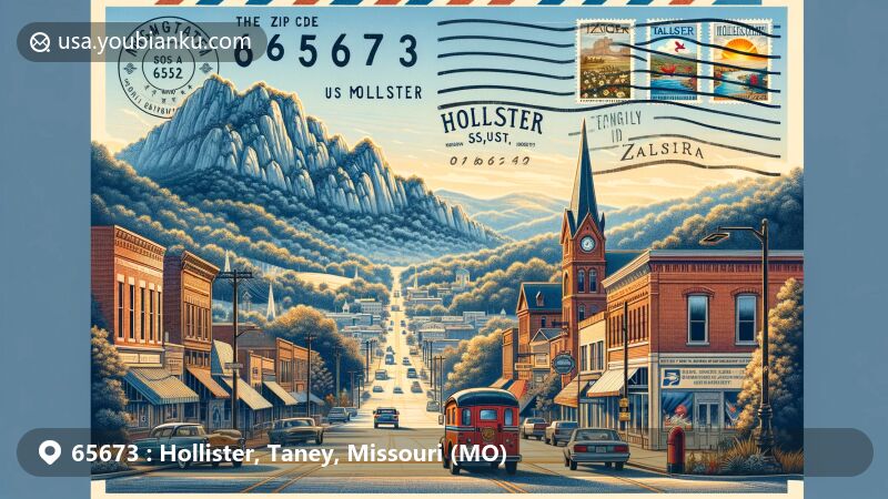 Modern illustration of Hollister, Missouri, showcasing small-town charm with Ozark Mountains backdrop, historical Downing Street district, Imagine Resorts & Hotels family destination, and postal theme with ZIP code 65673.
