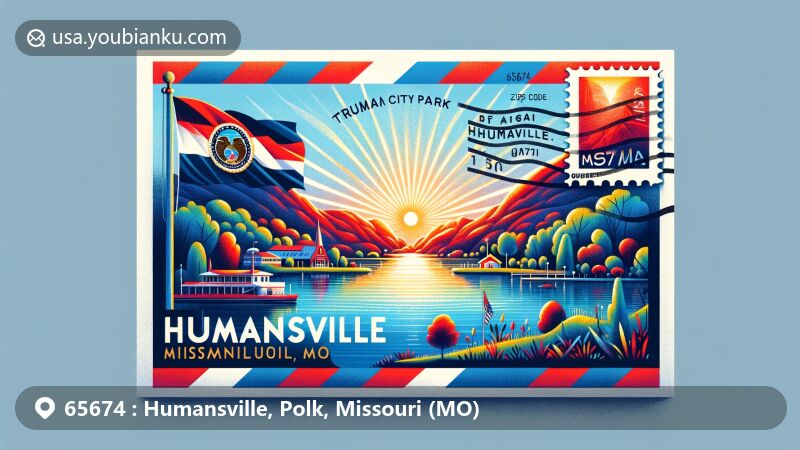 Modern illustration of Humansville, Missouri, on an airmail envelope with a postal theme, showcasing Truman Lake and the 65674 ZIP Code, featuring the Missouri state flag.