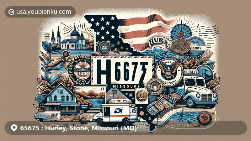 Creative illustration of Hurley, Missouri, in ZIP code 65675, blending modern style with state symbols and local landmarks, showcasing postal theme with unique elements.