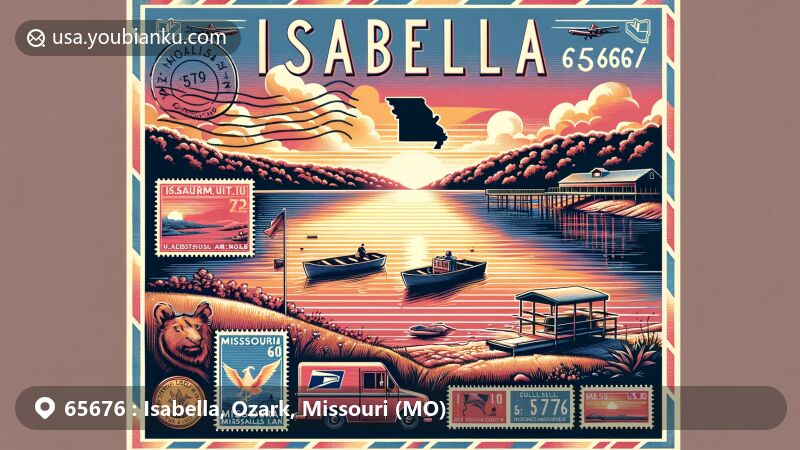 Modern illustration of Isabella area in Ozark County, Missouri, highlighting Bull Shoals Lake and postal elements, featuring vintage air mail envelope border, Missouri state flag stamps, and U.S. mail truck, with ZIP code 65676.