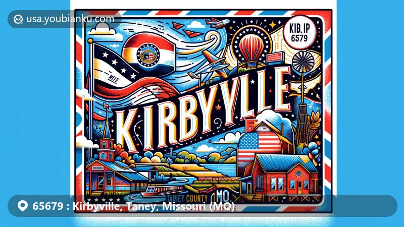Contemporary illustration of Kirbyville, Taney County, Missouri, showcasing postal theme with ZIP code 65679, featuring Missouri state flag, Taney County outline, and local cultural element.