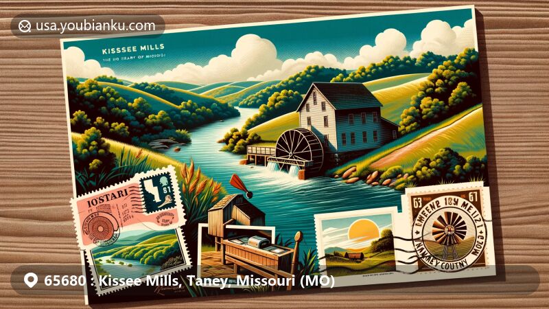 Modern illustration of Kissee Mills, Taney County, Missouri, featuring historic mill, river, and postal theme with vintage postage stamp and mailbox, showcasing Missouri's natural charm and historical significance.