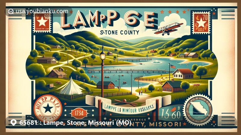 Modern illustration of Lampe, Stone County, Missouri, capturing the essence of Missouri Ozarks with Table Rock Lake, lush landscapes, and small-town charm, framed in a postal theme with ZIP code 65681.