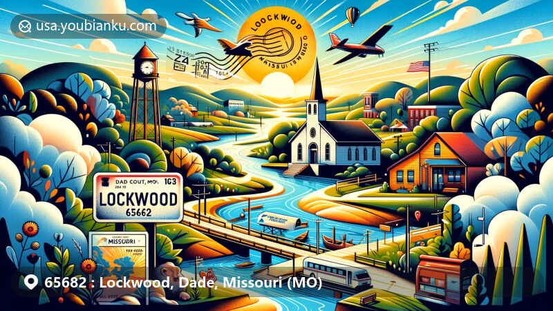 Modern illustration of Lockwood, Dade County, Missouri, featuring vintage postal elements and tranquil beauty, inspired by ZIP code 65682.