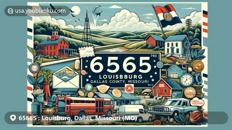 Modern illustration of Louisburg, Dallas County, Missouri, featuring ZIP code 65685, Missouri state flag, and picturesque small-town scenery with postal elements.