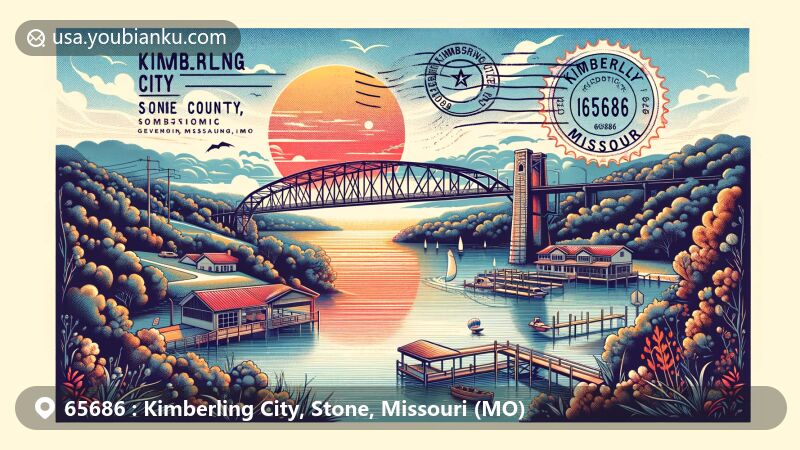 Modern illustration of Kimberling City, Stone County, Missouri, featuring iconic bridge over Table Rock Lake, symbolizing serene outdoor lifestyle. Enriched with elements of nature, postal themes, and vibrant sunset sky, reflecting city's ties to outdoor activities.
