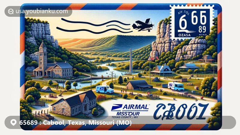 Modern illustration of Cabool, Texas County, Missouri, featuring scenic Ozark Mountains backdrop, showcasing 65689 postal code in prominent airmail envelope frame. Highlights include rugged hills, Cabool High School with natural rock formation, Roberts Park, Liberty Park, and vibrant community scenes.