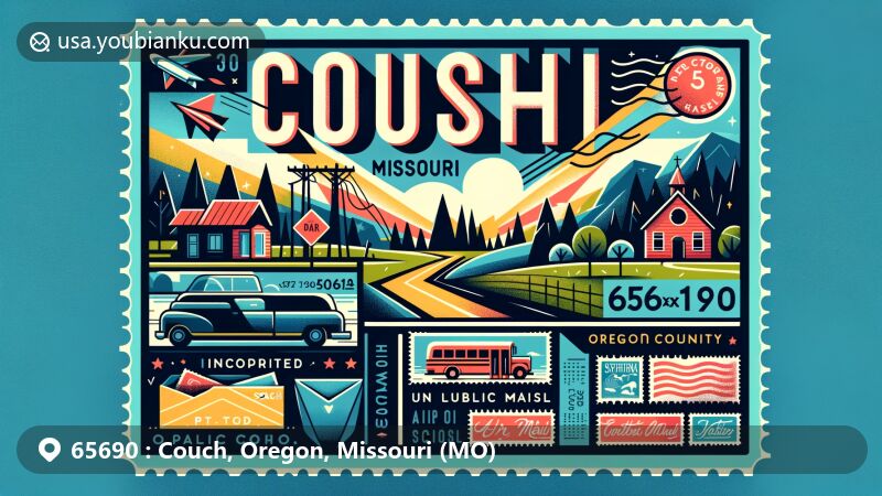 Modern illustration of Couch, Oregon County, Missouri, highlighting rural charm and ZIP code 65690, featuring state symbols and postal elements like postcard shapes and stamps.