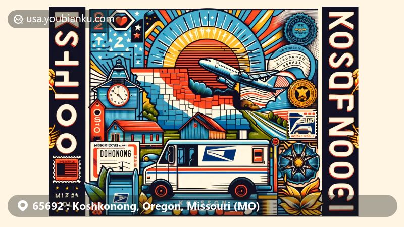 Modern illustration of Koshkonong, Missouri, highlighting postal theme with ZIP code 65692, Missouri state flag, Oregon County outline, airmail envelope, stamps, postmarks, mailbox, and postal van, capturing Midwest's natural beauty and rural lifestyle.
