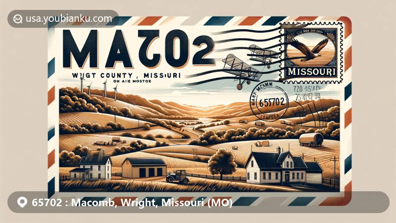 Modern illustration of Macomb, Wright County, Missouri, featuring rural landscape with rolling hills and farmhouses, complemented by vintage air mail envelope showcasing postcard of Macomb, stamp of Missouri flag, and postal cancellation mark.