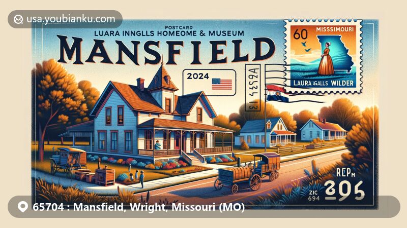 Modern illustration of Mansfield, Wright County, Missouri, featuring Laura Ingalls Wilder Historic Home & Museum and seasonal changes, incorporating Missouri state flag, postal stamp, and ZIP code 65704.