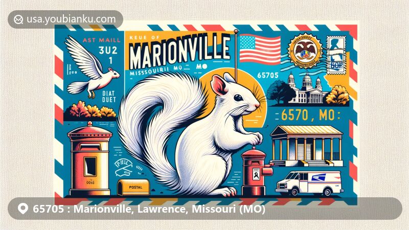 Modern illustration of Marionville, Missouri, showcasing iconic white squirrels and postal themes with airmail envelope depicting ZIP code 65705, Missouri state flag colors, and postal elements.