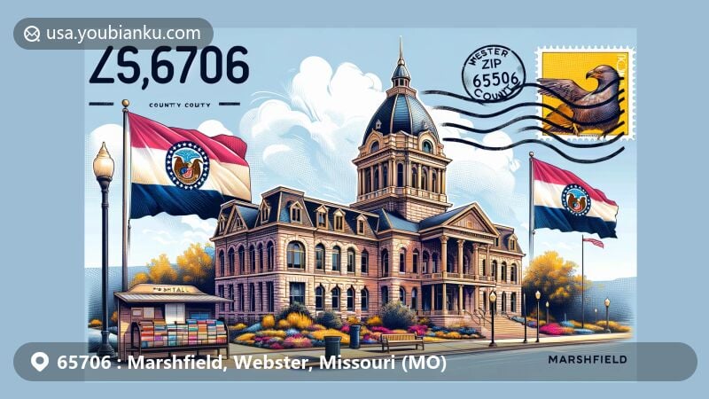 Modern illustration of Marshfield, Missouri, showcasing the Webster County Courthouse, ZIP code 65706, and postal elements, with a hint of Missouri state flag.