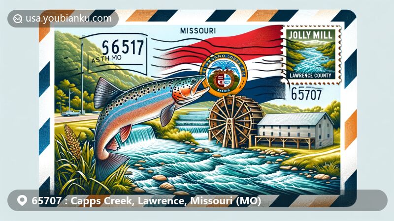 Creative illustration of Jolly Mill Park in ZIP code 65707, featuring airmail envelope with Missouri flag, Capps Creek trout fishing culture, and postmark with 'MO 65707'.