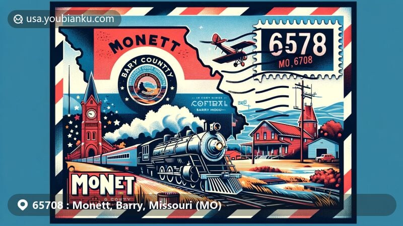 Modern illustration of Monett, Barry County, Missouri, capturing the essence of postal theme and local landmarks like Ozark Mountains and historic railways, set against a retro airmail envelope backdrop with Missouri state flag stamp and Monett, MO 65708 postmark.