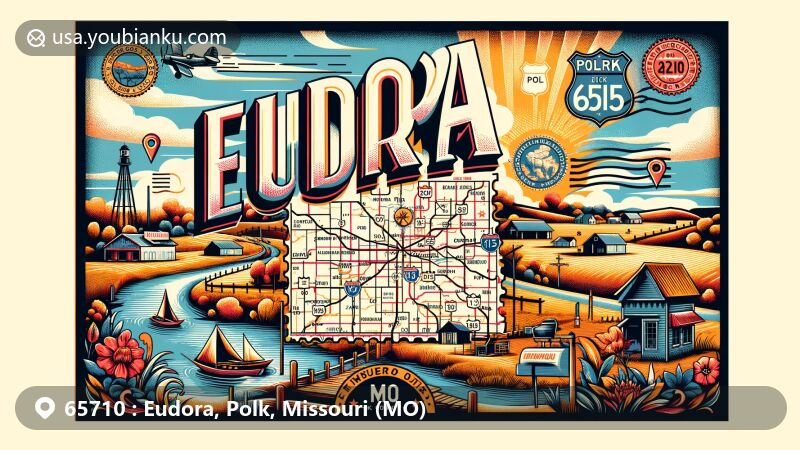 Modern illustration of Eudora, Polk County, Missouri, showcasing postal theme with ZIP code 65710, featuring stylized map, rural scenery, Route 123 and Route 215 intersection, vintage postage stamp, old-fashioned mailbox, and postmark.
