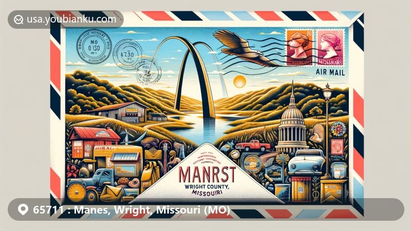 Modern illustration of Manes, Wright County, Missouri, featuring a creatively designed air mail envelope embodying the rural landscape, with the Gateway Arch and local landmarks, vintage stamps, postal motifs, and cultural symbols.