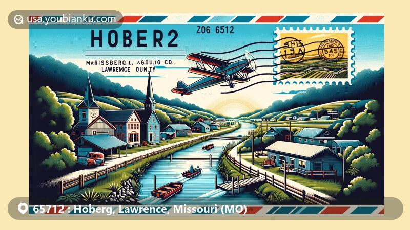 Modern illustration of Hoberg, Lawrence County, Missouri, illustrating the rural charm near Spring River, featuring village ambiance, close-knit community, and air mail envelope design with postal elements and ZIP code 65712.