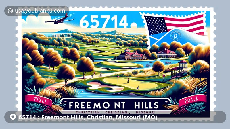 Modern illustration of Freemont Hills, Christian County, Missouri, with ZIP code 65714, highlighting the Freemont Hills Country Club's golf course, tree-lined fairways, small fast greens, large sand traps, lakes, and water features, integrating an air mail envelope with ZIP code 65714 and Missouri state flag.