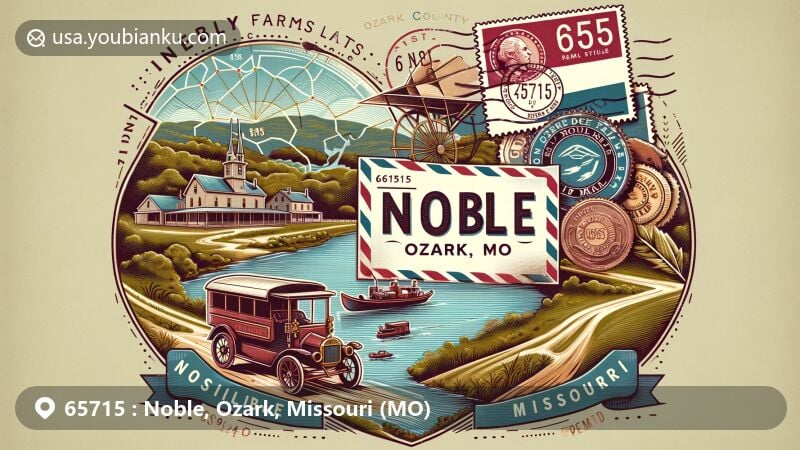 Modern illustration of Noble, Ozark, Missouri, highlighting Finley Farms landmark and postal theme with ZIP code 65715, showcasing local riverside setting and historical significance.