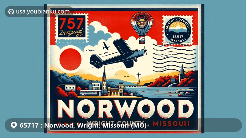 Modern illustration of Norwood, Wright County, Missouri, featuring vintage air mail envelope with Missouri Ozarks landscape and postal heritage, creatively merging state flag with ZIP code 65717.