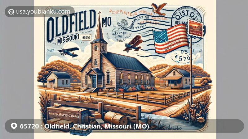 Modern illustration of Oldfield, Missouri, 65720 area, featuring rural and community aspects with postal themes and local characteristics, including Mound Baptist Church, vintage air mail envelope, postal mark 'Oldfield, MO 65720', and Missouri state symbols.