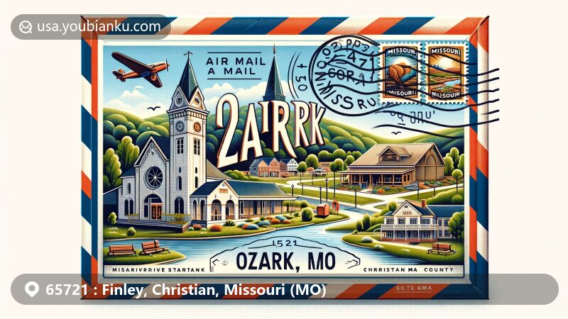 Modern illustration of Ozark, Christian County, Missouri, featuring vintage air mail envelope with scenic Finley River Park, The Finley restaurant, Missouri state flag, and Christian County outline.