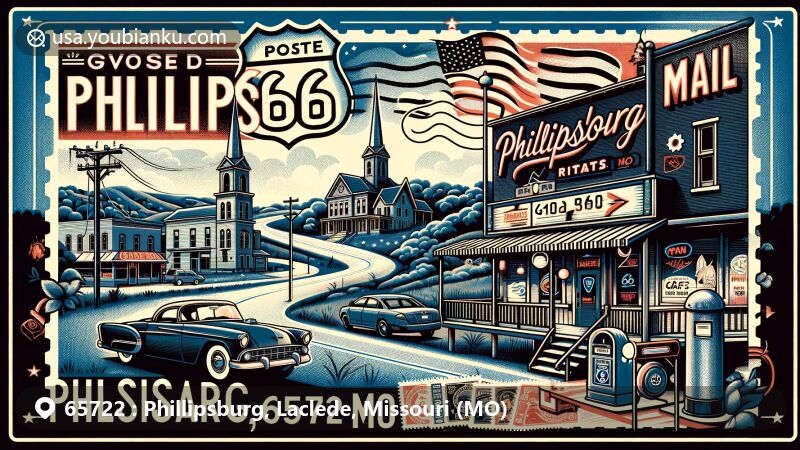 Vibrant illustration of Phillipsburg, Missouri, showcasing iconic Route 66 landmarks, vintage cafes, and gas stations, with a stylized Missouri state flag in the background and a creatively designed postcard featuring ZIP code 65722 and postal elements.