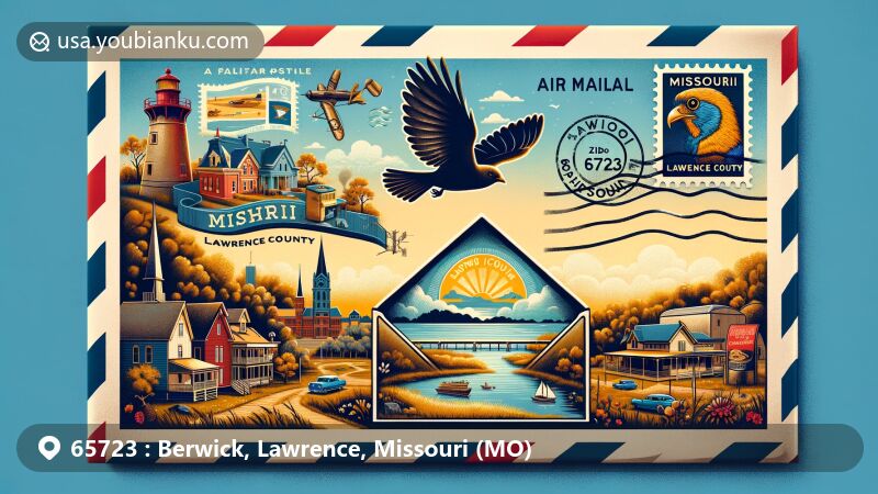 Modern illustration of Berwick, Lawrence County, Missouri, featuring a scenic view in an airmail envelope with Missouri state symbols and a silhouette of Lawrence County, showcasing landmarks unique to the area.