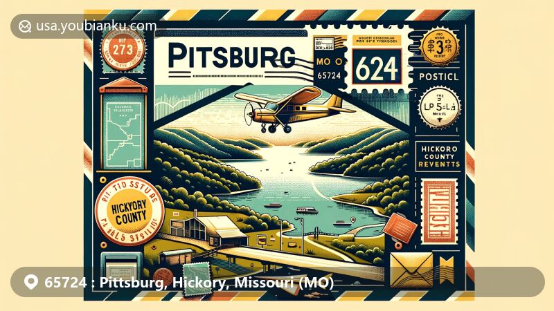 Modern illustration of Pittsburg, Hickory County, Missouri, featuring Pomme de Terre Lake and vintage postal theme with airmail envelope details.