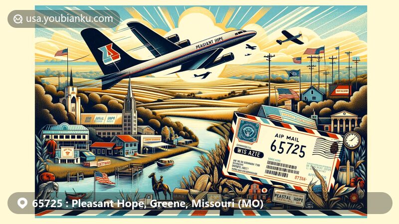 Modern illustration of Pleasant Hope, Missouri, highlighting ZIP code 65725 with representations of community, schools, and small businesses, set against a backdrop of Missouri's rural charm.
