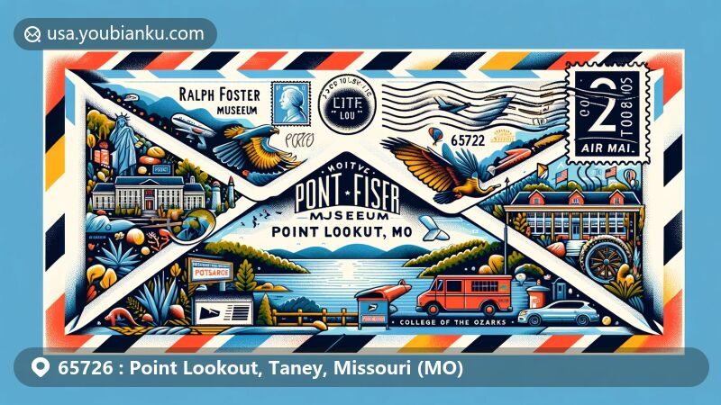 Modern illustration of Point Lookout, Missouri, showcasing air mail envelope with '65726 Point Lookout, MO', featuring Ralph Foster Museum, College of the Ozarks, Ozark Hills, and Lake Taneycomo.