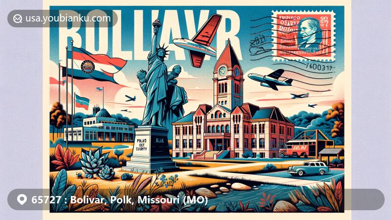Modern illustration of Bolivar, Missouri, showcasing Polk County Courthouse, Simon Bolivar statue, Frisco Highline Trail, and Dunnegan Memorial Park, with ZIP code 65727. Features colorful postal theme integrating postcard elements and Missouri's natural beauty.