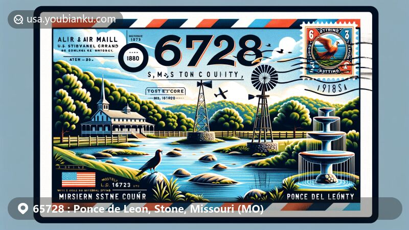 Modern illustration of Ponce de Leon, Stone County, Missouri, highlighting East Prong Goff Creek, mineral spring, and historical health resort, with airmail envelope border featuring Missouri state flag stamp and ZIP code 65728.