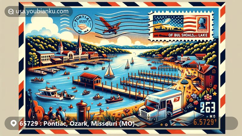 Modern illustration of Bull Shoals Lake area in Pontiac, Missouri, with fishing, boating, and water sports, integrating postal elements like vintage air mail frame, stamp, postmark 'Pontiac, MO 65729', mailbox, and postal truck icons.