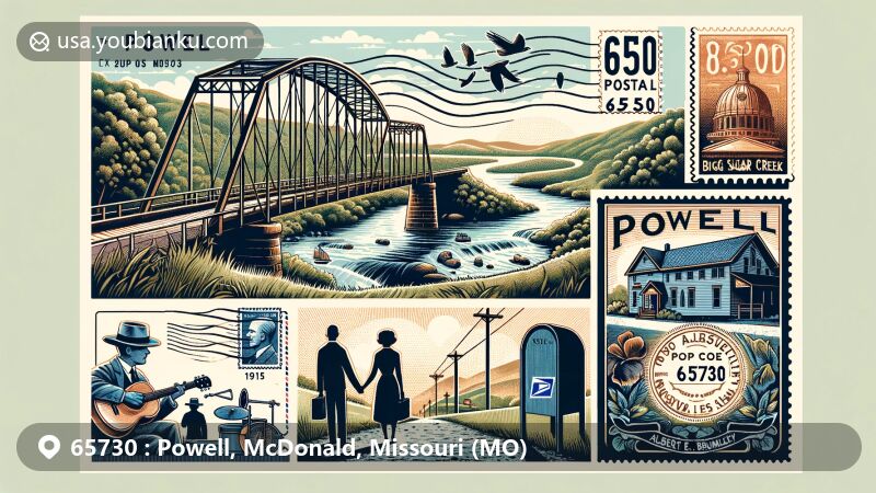 Modern illustration of Powell, Missouri, highlighting postal theme with ZIP code 65730, combining elements of postcards and airmail to showcase the region's geography and cultural features. Featuring picturesque Big Sugar Creek and historic 1915 Powell Bridge, symbolizing the area's history and natural beauty. Cultural elements include music notes and gospel hymnal in tribute to Albert E. Brumley's musical contributions. Postal features depicted through stamps, postmarks with ZIP code 65730, mailboxes, and scenes of rural Missouri, capturing Powell's tranquil natural beauty and rich cultural and historical significance.
