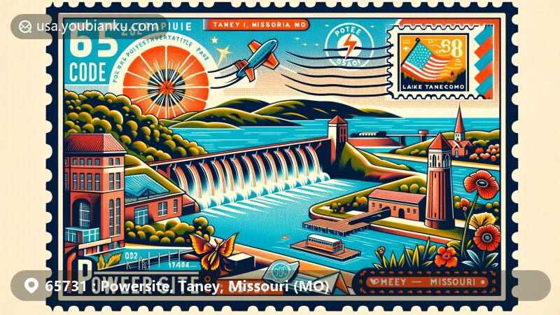 Modern illustration of Powersite, Taney County, Missouri, showcasing postal theme with ZIP code 65731, featuring Powersite Dam and Lake Taneycomo.