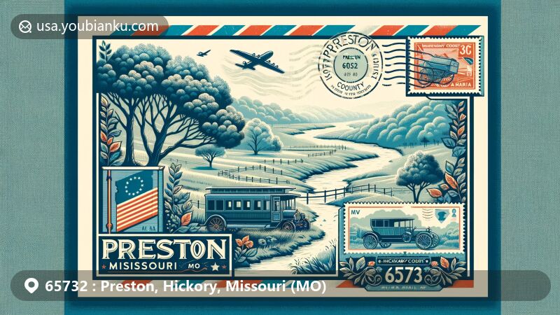 Creative illustration of Preston, Hickory County, Missouri, encapsulating postal charm with ZIP code 65732, showcasing natural beauty with trees, creek, stamps, postmarks, Missouri state flag, and Hickory County outline.