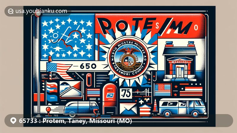 Modern illustration of Protem, Taney County, Missouri, highlighting postal theme with ZIP code 65733, showcasing Missouri state flag elements and Protem landmarks.