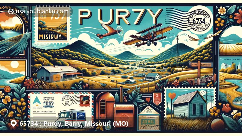 Modern illustration of Purdy, Barry County, Missouri, blending natural beauty with postal theme, featuring ZIP code 65734, Ozarks foothills, and rural ambiance.
