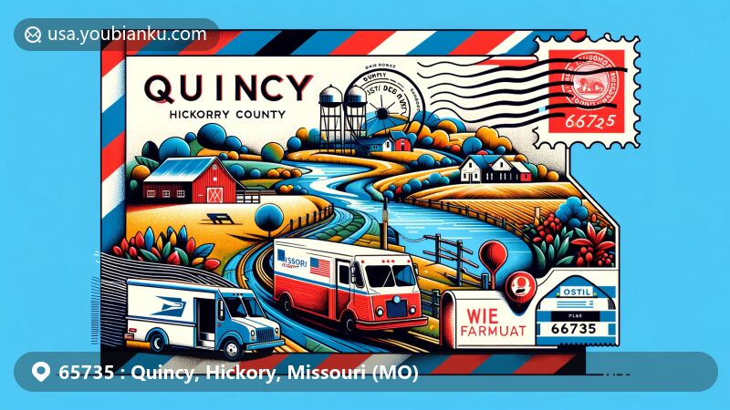 Modern illustration of Quincy, Missouri, showcasing rural charm with Missouri state flag, Hickory County outline, and countryside symbols like rivers, fields, and country roads, presented as an airmail envelope with postal elements and ZIP code 65735.