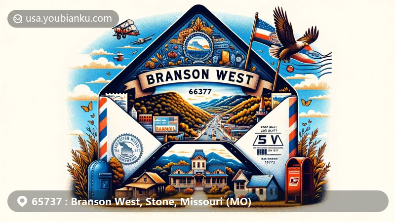 Modern illustration of Branson West, Missouri, highlighting postal theme with ZIP code 65737, showcasing Ozark Mountains backdrop and town's small-town charm, featuring vintage airmail envelope and Missouri state flag.