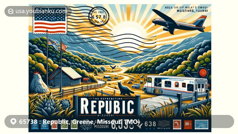 Modern illustration of Republic, Greene County, Missouri, showcasing postal theme with ZIP code 65738, highlighting natural beauty of the Ozark Mountains and community-friendly atmosphere.
