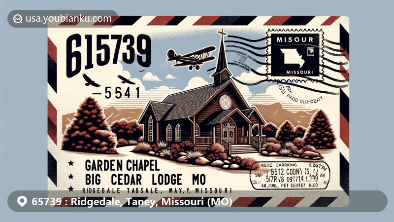 Modern illustration of Ridgedale, Taney County, Missouri, focusing on the Garden Chapel at Big Cedar Lodge, capturing the natural beauty and local culture of the Ozarks, featuring vintage postal elements like an airmail envelope background, a postage stamp with Taney County outline, and postal markings '65739' and 'Ridgedale, MO'. Missouri represented subtly with the state flag or silhouette. Design showcases creativity and eye-catching details, suitable for web use.