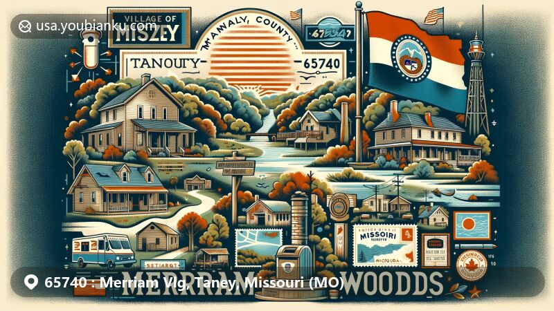 Modern illustration of Merriam Woods, Taney County, Missouri, highlighting tranquil village life near Lake Taneycomo and the Ozarks, featuring Missouri state flag, Taney County map, and local landmarks with vintage postal elements.