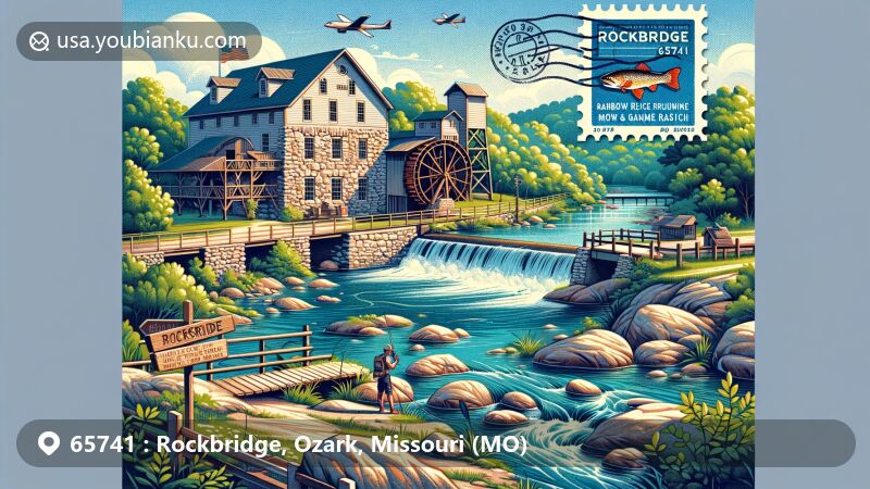 Modern illustration of Rockbridge, Missouri, highlighting ZIP code 65741, featuring Rockbridge Mill, Rainbow Trout & Game Ranch, and scenic natural surroundings.